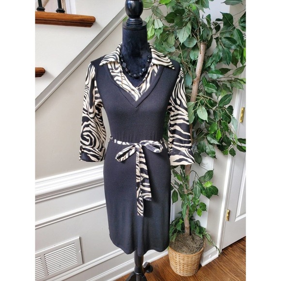 Sirens Women Black 100% Polyester Collared Long Sleeve Knee Length Dress Size M - Picture 1 of 11